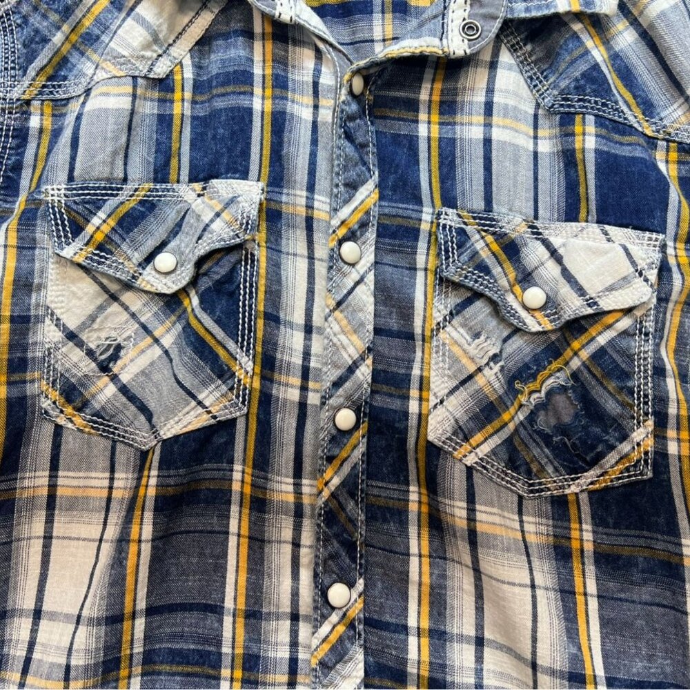 BKE Men Short Sleeve Button Up Shirt Medium Blue Plaid Vintage 1967 Standard Fit - Picture 7 of 12